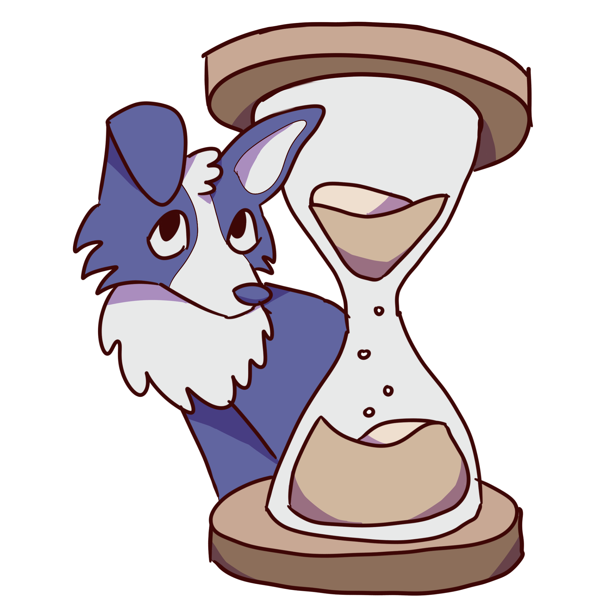 a blue dog sitting by an hourglass that is dripping sand down